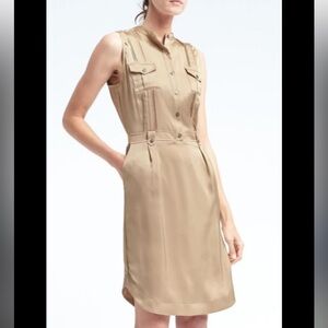 Banana Republic pintuck Utility Dress shiny satin gold button front size 4